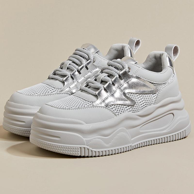 Women's Spring and Summer Women's Sneakers Sports Thick-soled Casual Dad Shoes Mesh Breathable Inner Height-enhancing White Shoes