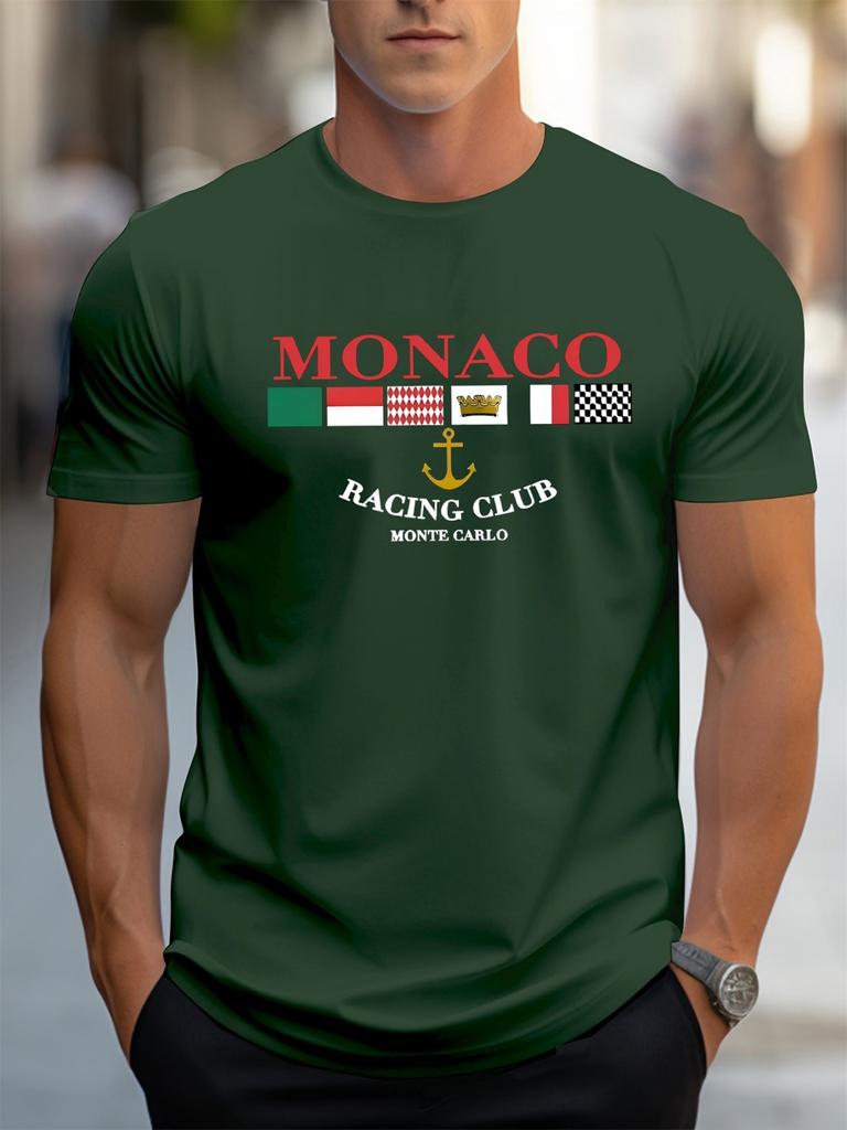 Summer Mens Polyester Fabric Breathable Round Neck TshirtMONACO Letter Printed Outdoor Casual Top for Fun
