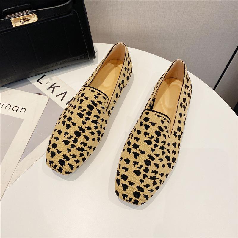 

Новые туфли с квадратным носком на одной педали, женские вязаные туфли, вязаные туфли-бини 40 цветной печати леопарда