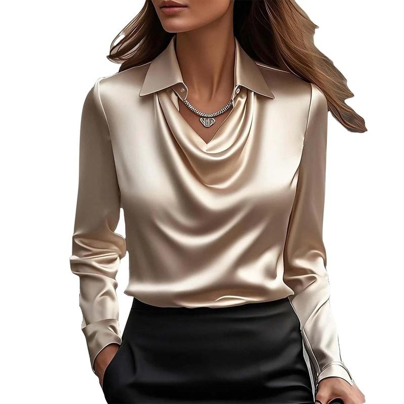 Women's Cowl Neck Blouse Long Sleeve Draped Slim Fit Elegant Office Shirt