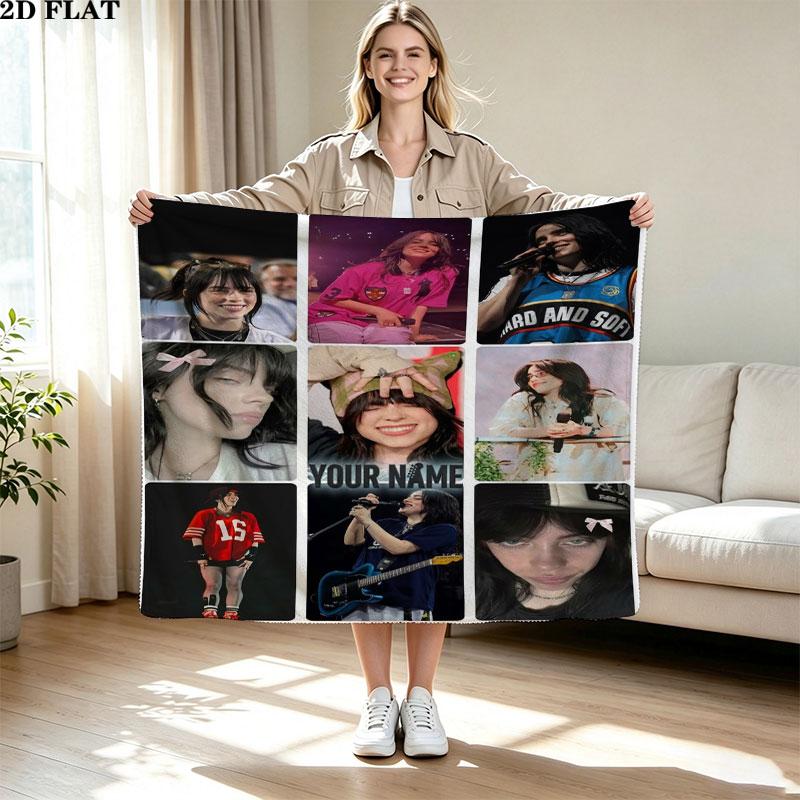 1PC Billie Eilish Custom Name Patterned Flannel Blanket Suitable For All Seasons for Home Decor Warmth and Comfort Gifts Holiday Present