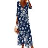 Women Plus Size V Neck Three Quarter Sleeve Black Yellow Floral Printed Long Dress