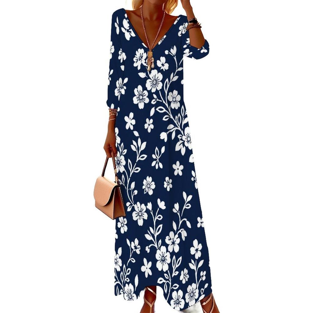 Women Plus Size V Neck Three Quarter Sleeve Black Yellow Floral Printed Long Dress