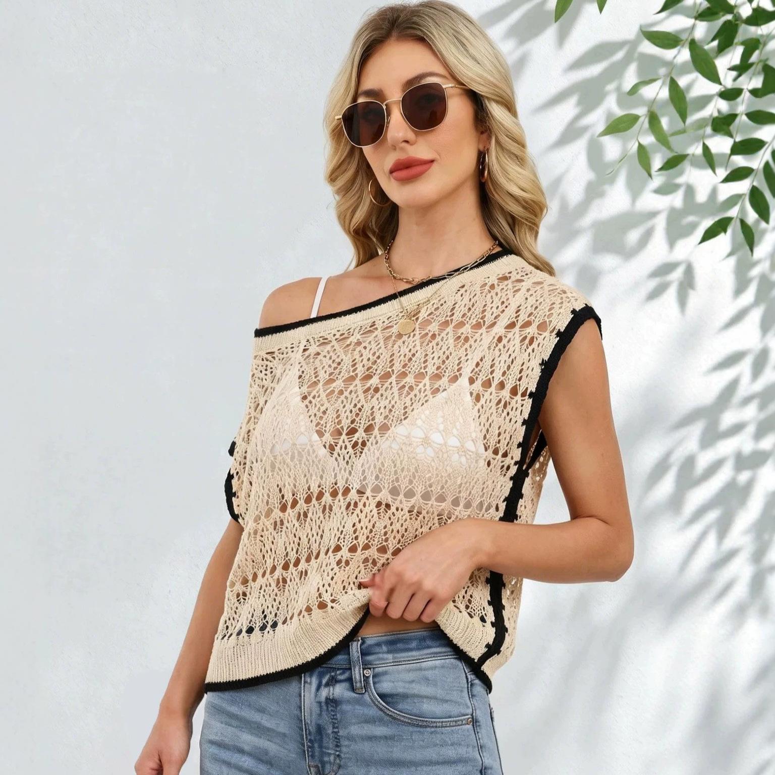 Women S Hollow Knit Vest Round Neck Sleeveless Casual Top S жёлтый