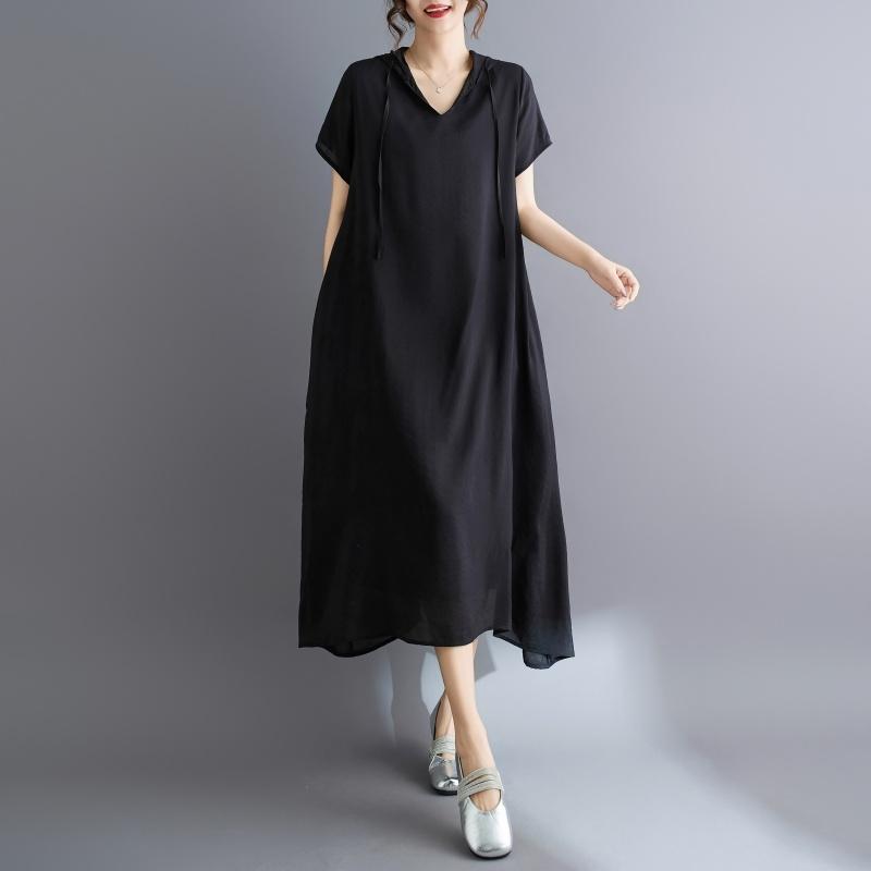 DIMANAF New 2025 Plus Size Summer Dress Women Solid Basic Vintage Casual Hooded Dress Loose Dress Maxi