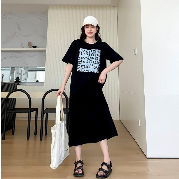 

Новая футболка с коротким рукавом, длинное платье, свободное и стройнящее, длинное платье с разрезом до колена для женщин летом 4XL чёрный