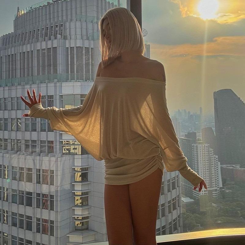 Women Solid Color Off Shoulder Batwing Sleeve Loose High Waist Bodycon Mini Dress