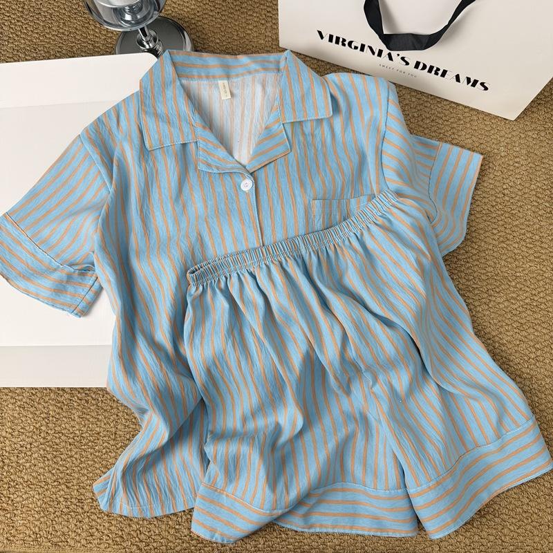 

Korean simple contrasting striped pajamas women s new summer loose lazy short-sleeved shorts loungewear two-piece set M