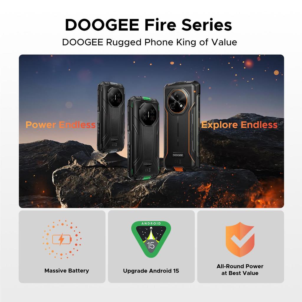 Doogee Fire 7 Ultra Robustes Smartphone 5G, 13000mAh/33W, 8GB+256GB(2 TB TF), 6,6” HD+ 90Hz Display, IP68/IP69K, 125dB Lautsprecher, NFC, Dual-SIM