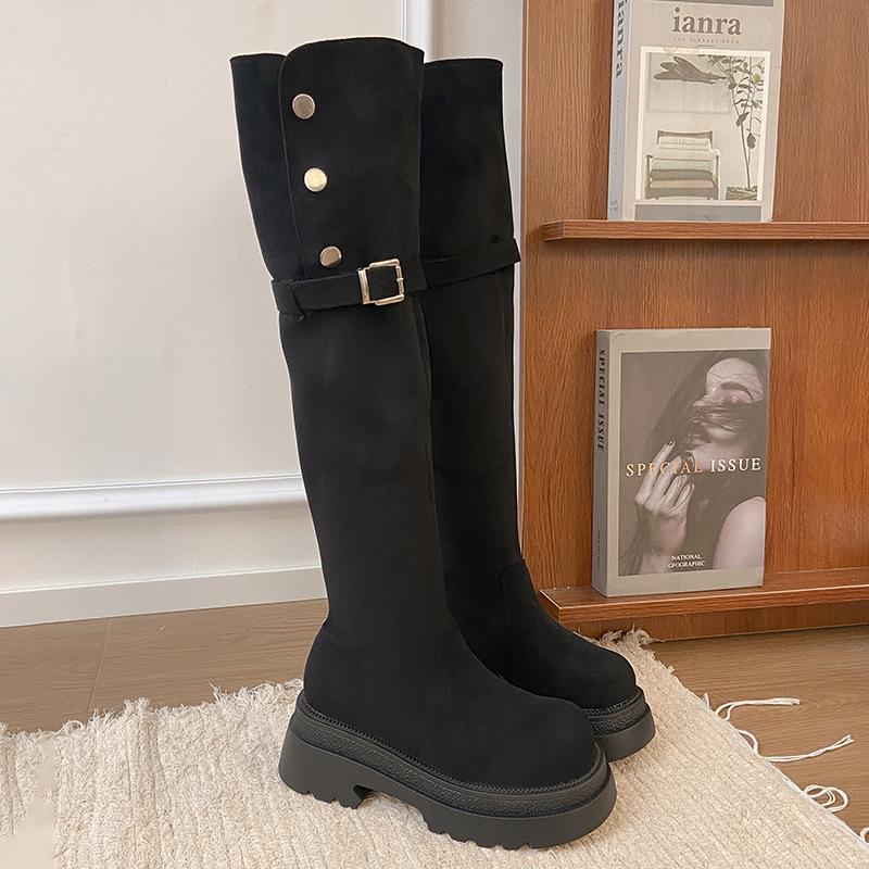 

Женские ботфорты на толстой подошве 2025 осень и зима новые тонкие замшевые ботфорты женские длинные тонкие ботфорты ботфорты на полную ногу 40