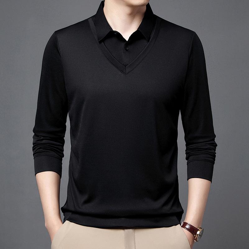 Spring and Autumn New Style Middle-aged Thin Fake Two-piece Men's Lapel Solid Color Long-sleeved T-shirt Men's Loose Top Dad Wear