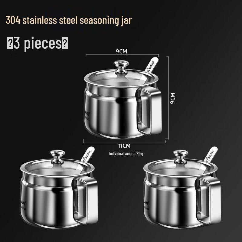 Zhaoran 3-Piece 304 Stainless Steel Seasoning Jar Set with Lids
