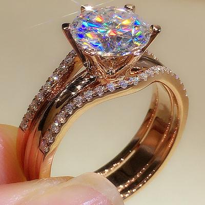 Huitan Unique Rose Gold Color Rings for Women Classic 6 Claws Designed Cubic Zirconia Rings Wedding Engagement Bands Jewelry