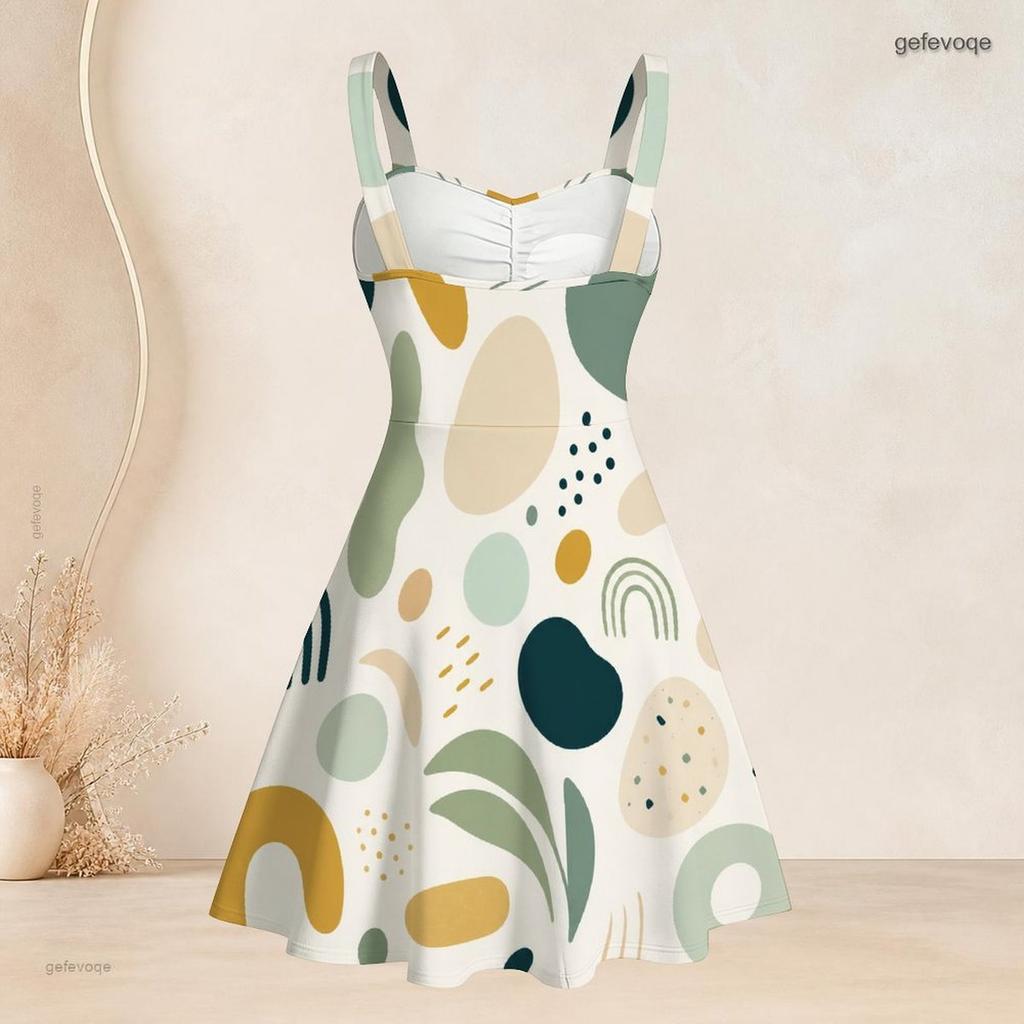 Women Plus Size Spaghetti Strap Off Shoulder Dress Modern Abstract Geometric Rainbow Leaf Print Swing Dress