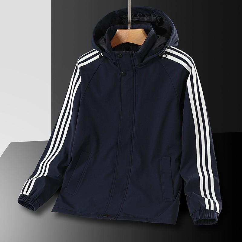 Mens Lightweight Hooded Windbreaker Jacket Casual Sport Outerwear With 3-Stripe Detail