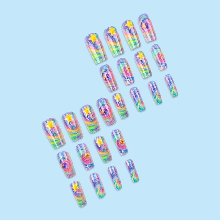 24 Pcs Glittering Press On Nail Long False Nail Lovely Stars Stick On Nail Gradient Artificial Nail