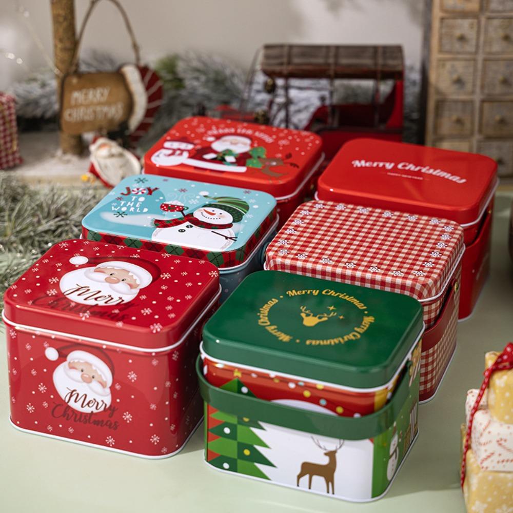 Cute Tinplate Christmas Tin Box Gift with Handle Gift Box Festival Ornaments Candy Jar