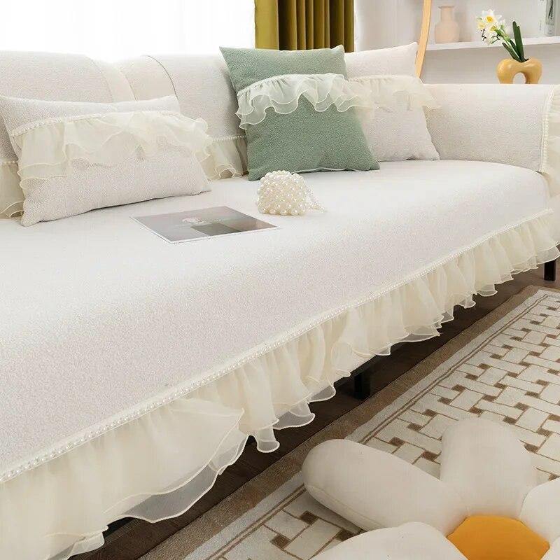 

Soft White Lace Skirt Sofa Cover Non-slip Slipcover for 1 2 3 4 Seater Couch Pearl Lines Living Room Decor 70x70cm 1pcs