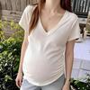 Plus Size Maternity V-Neck Flutter Sleeve Pleated Top - Solid Color, Belly Covering, Discreet Style, Spring/Summer Wear