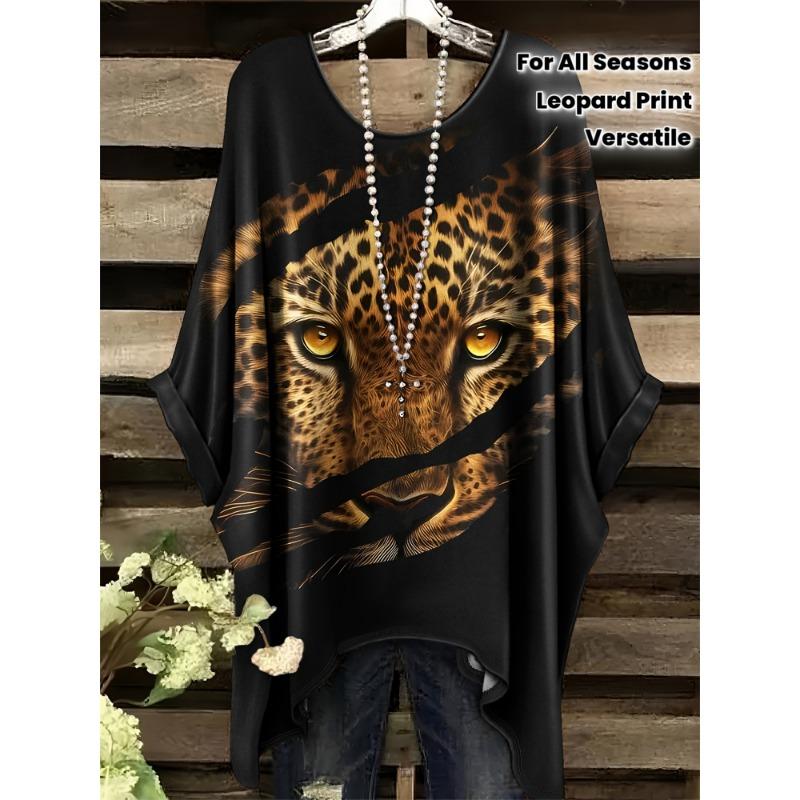 Large size women's directional large size simple leopard pattern print irregular hem round neck T-shirt