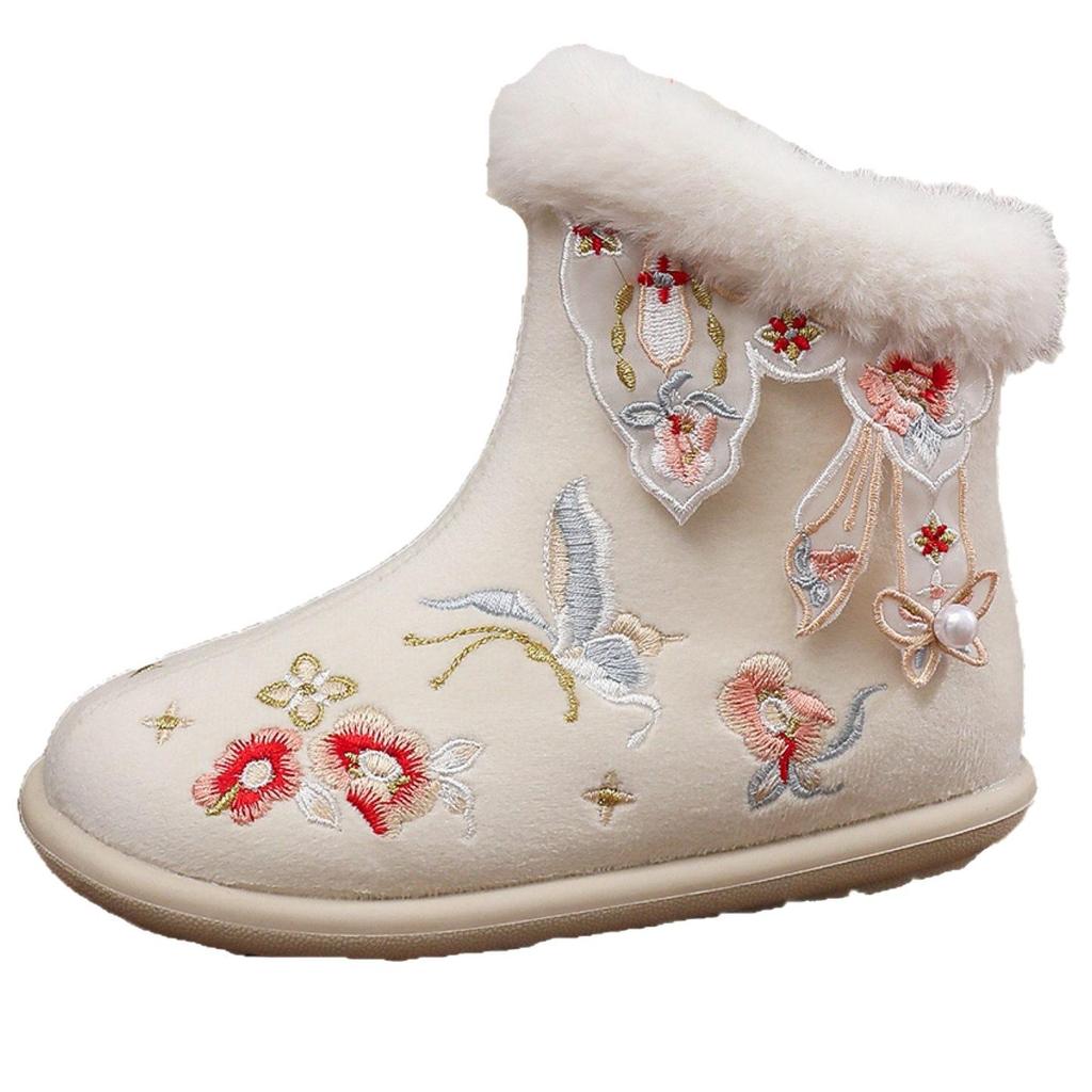 Winter 2025 Girls' Hanfu Butterfly Snow Boots: Handmade Velvet Embroidered Cotton Shoes