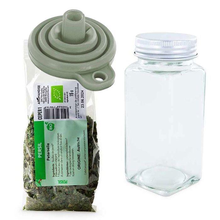 Flacon à épices poudreur + entonnoir + persil bio 15 g