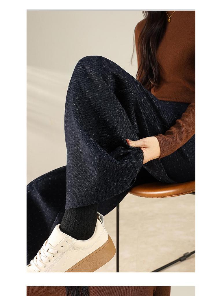 Women's Gray Wool High-Waisted Wide-Leg Floral Pants - Winter Casual, Thickened, Loose, Slimming, Versatile