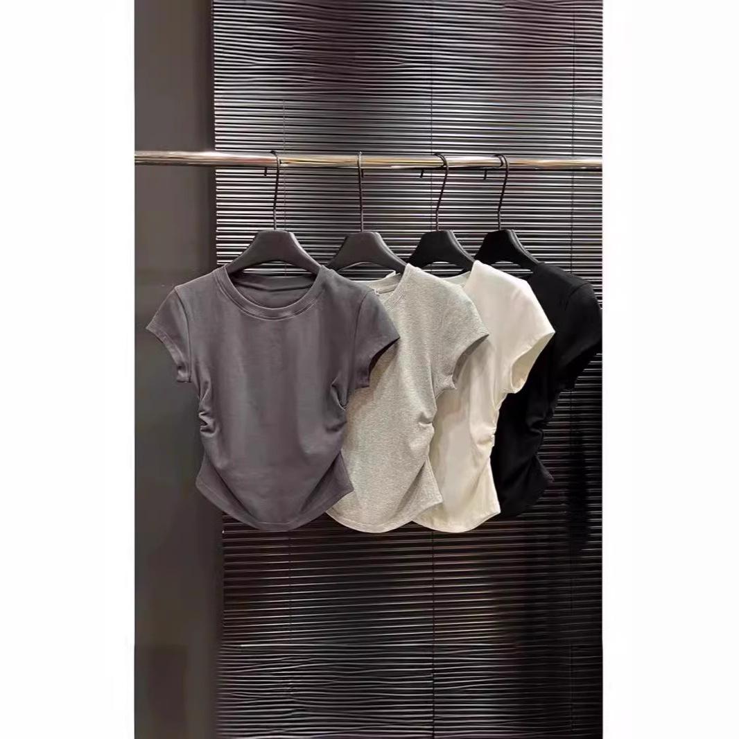 

2024 Облегающая футболка с коротким рукавом и круглым вырезом для женщин в стиле «острая девчонка» - Летняя однотонная Medium