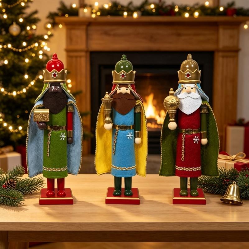 Handmade Wooden Holiday Figurine, Wise Men Nutcrackers Decors for Tabletop, Mantel, and Winter Shelf Display