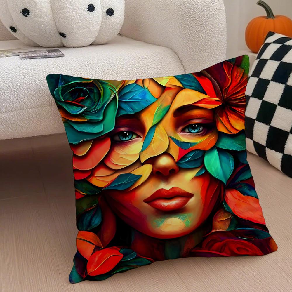 Square Bright Color Flower Girl Art Cushion Cover Throw Pillow Cover Hidden Button Durable Polyester Chair Cushion