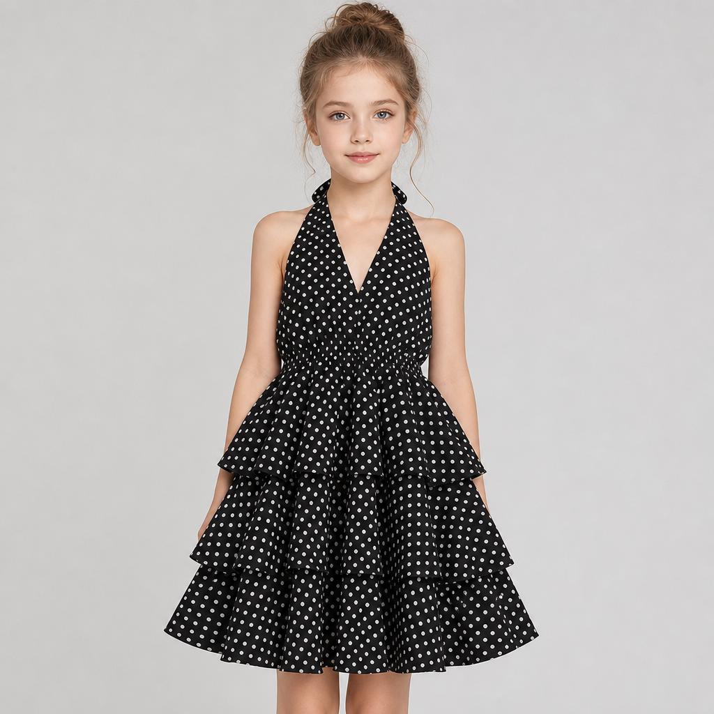Europäische Und Amerikanische Kinderkleidung Neuer Sommerstil Für Mädchen Koreanische Mode Gepunktetes Neckholder-Kleid Taillenbetonendes Schichtkleid