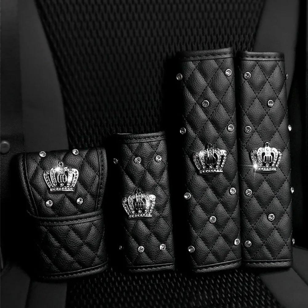 Crown Crystal Car Seat Belt Cover Rhinestones Leather Seat Belt Shoulder Pad Diamond Shifter Gear Cover Hand Brake Covers Sets