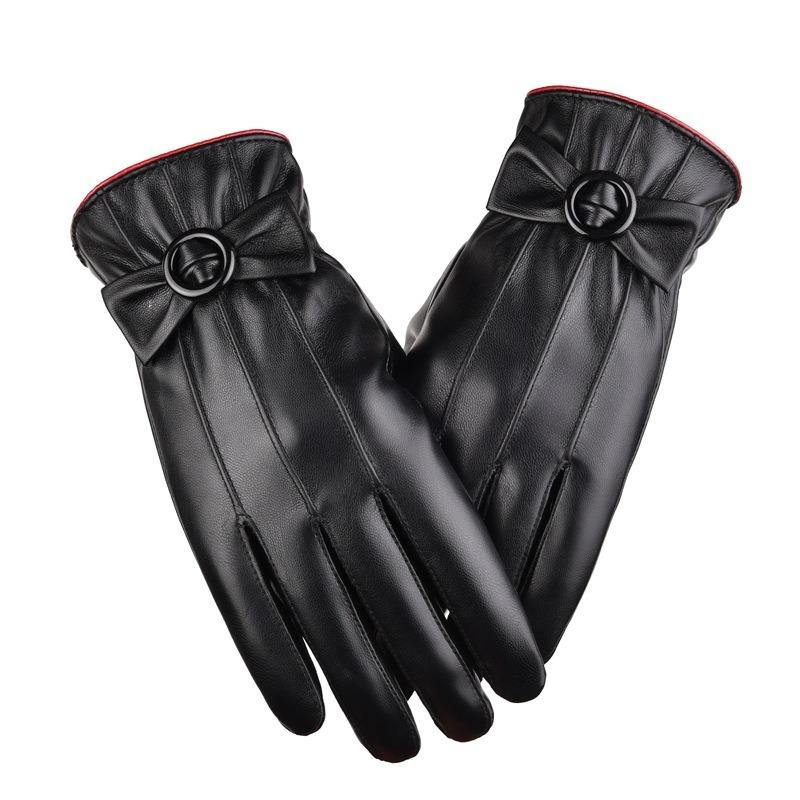 Women's warm leather gloves new winter gloves bow fleece thickened cold-proof cycling touch screen gloves