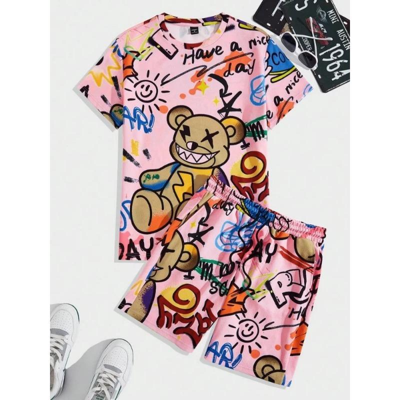 

Summer Casual Short Sleeve Set Loose Men s 2 Piece Fashion Hip Hop Pattern Printed 6XL