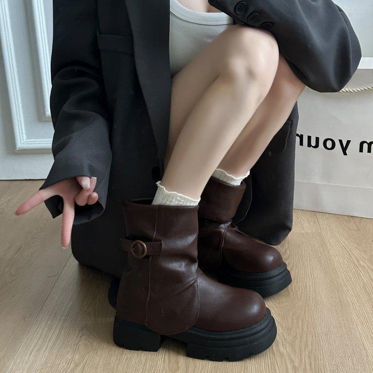 2025 Autumn and Winter New Niche Retro Thick-soled Pleated Trouser Tube Boots Heightened Short Boots Versatile Casual Martin Boots