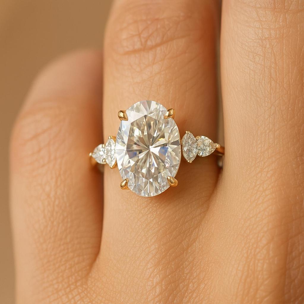 Oval Cubic Zirconia Engagement Ring with Marquise Side Stones – 925 Sterling Silver Yellow Gold Plated Solitaire Bridal Wedding Jewelry Gift for Her