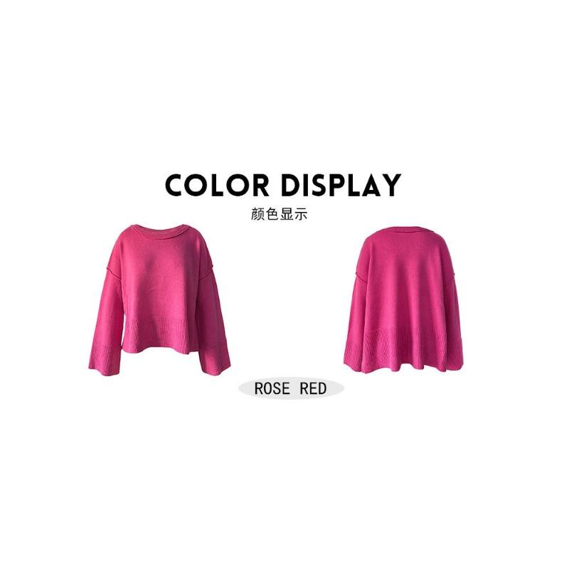 Women S Solid Color Round Neck Flare Sleeve Pullover Knit Sweater