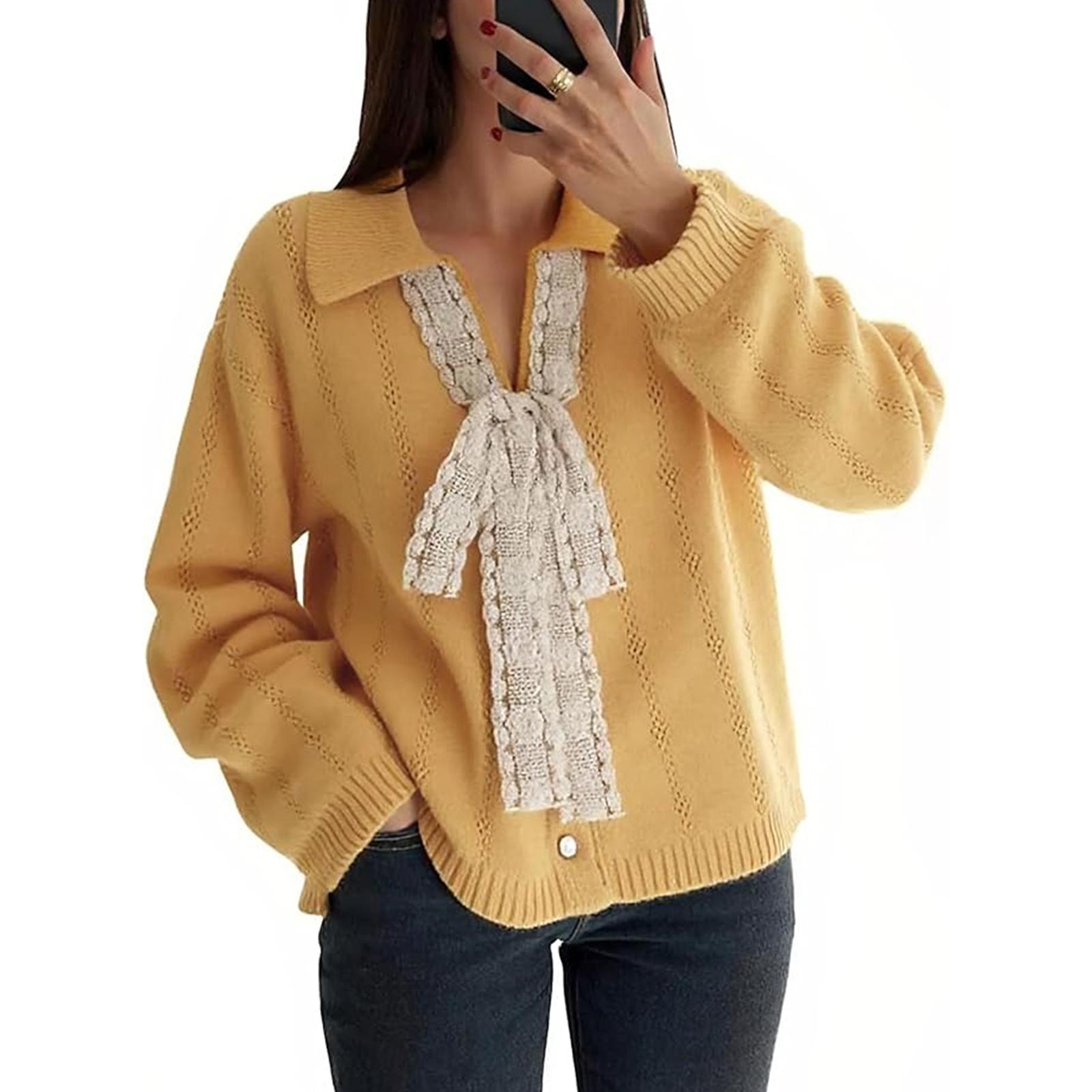 

Женский удобный свободный модный повседневный однотонный кружевной кардиган-жакет с V-образным вырезом One Size жёлтый