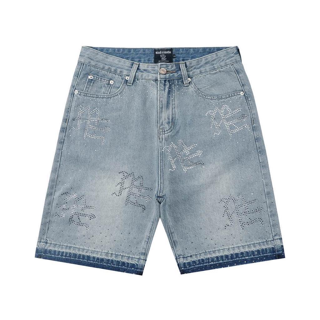 VibeStreet Lettering Denim Shorts Jeans for Mens Womens Hip Hop Vintage Blue Baggy Shorts Over The Knee Pants