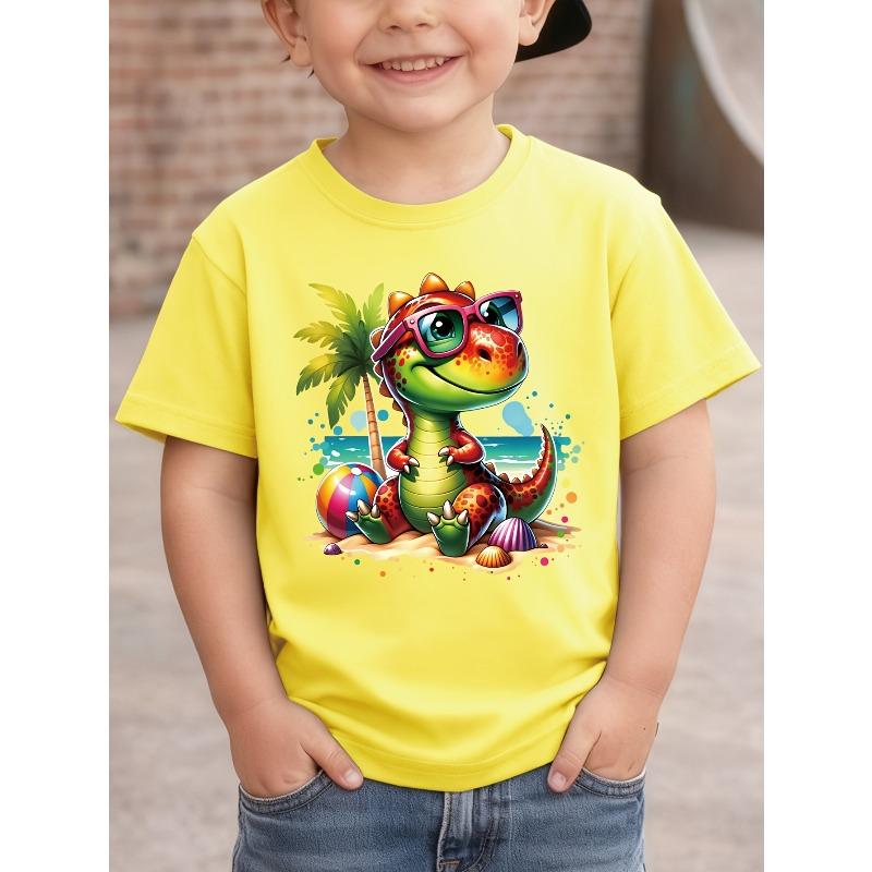 Boys' Dinosaur And Coconut Tree Pattern Print Handsome All-Match Casual T-Shirt