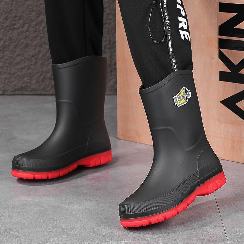 

Men s rain shoes solid color non-slip men s warm low tube fashion medium tube boots velvet waterproof rain boots high tube 48