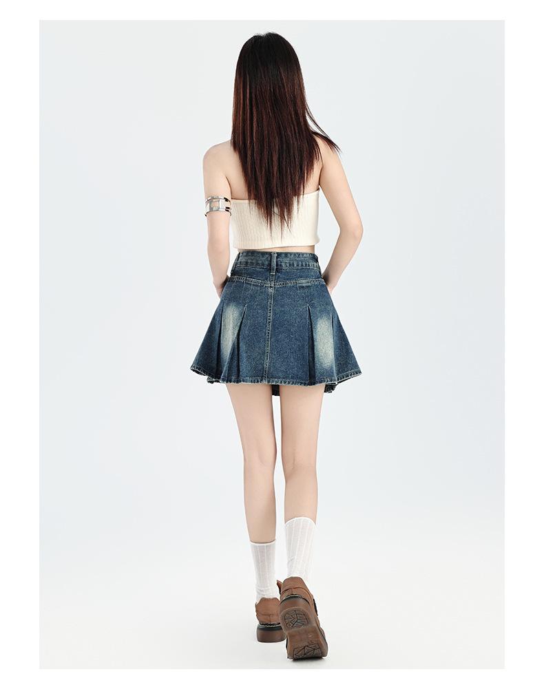 Spring-Summer High Waist Retro Denim Pleated Mini Skirt for Women
