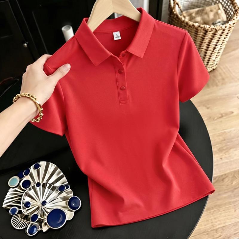 High-quality Summer Ice Silk Lapel Short-sleeved T-shirt for Women, New Casual Versatile Quick-drying Polo Shirt Top for Women T