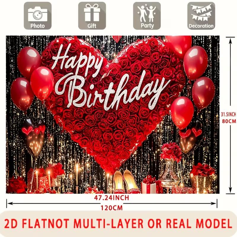 2D Red Black Gold Birthday Backdrop, Rose Heart & Candles Photo Booth Background