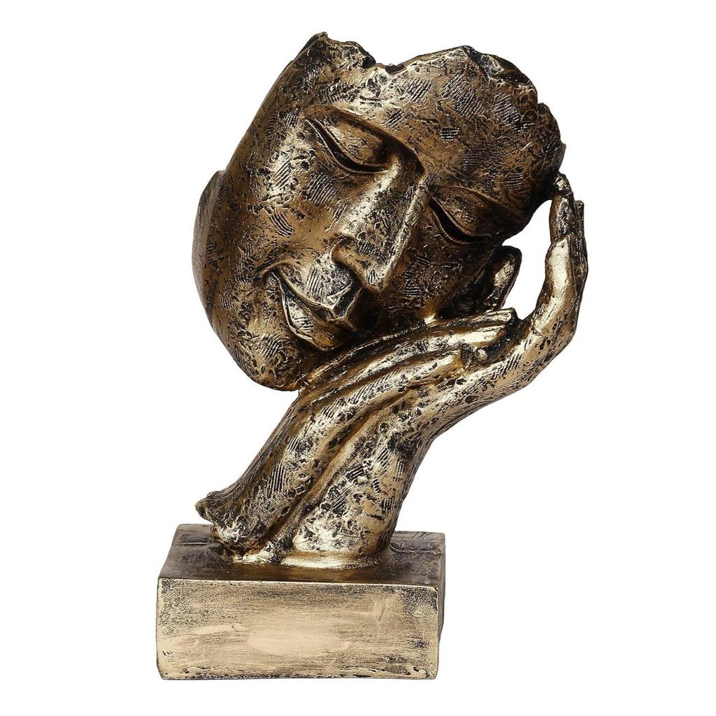 CraftIndia Golden Resin Human Face Statue Sleeping On Hands Decorative Showpiece for Home Decor Living Room Bedroom|