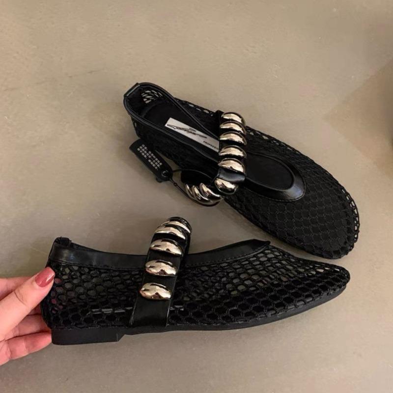 Wiosenne nowe płaskie buty okrągła głowa płytkie usta siateczka oddychająca metalowa klamra miękka podeszwa antypoślizgowe pojedyncze buty