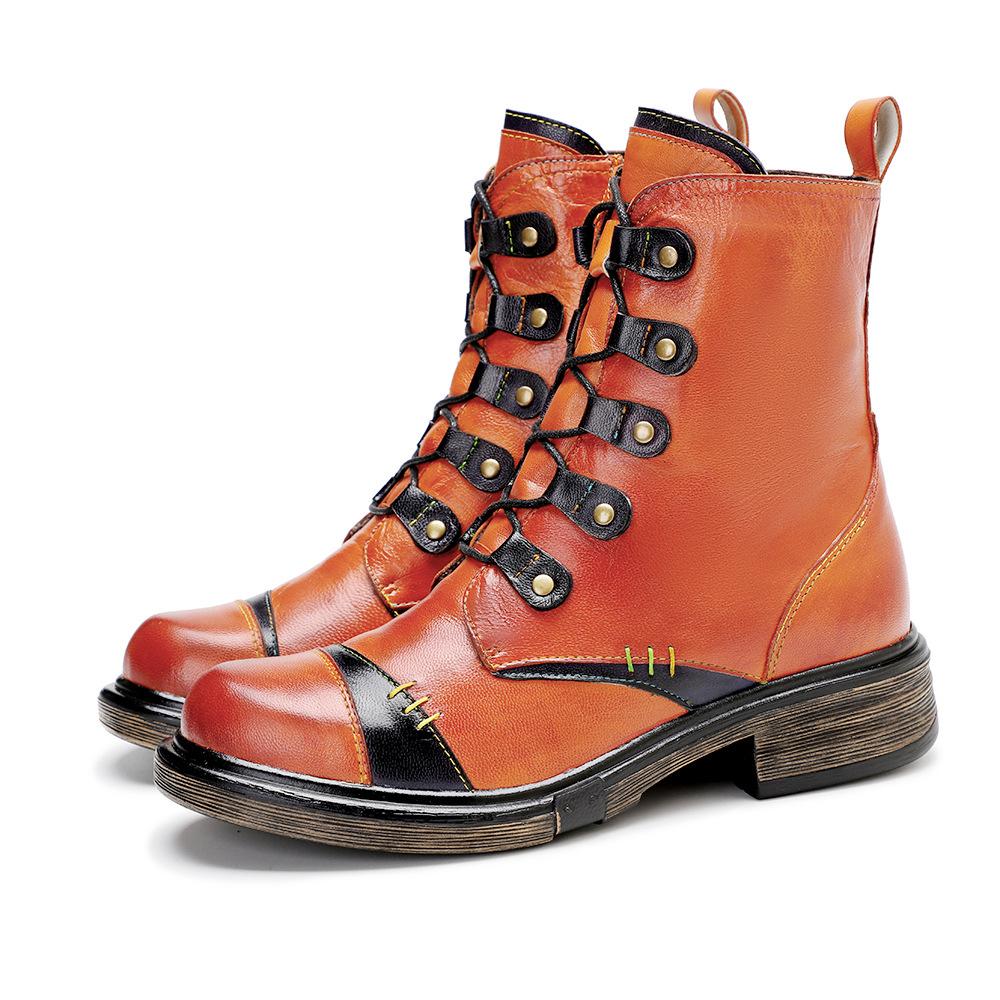 Johnature Short Boots Vintage Genuine Leather Solid Color Comfortable Handmade Women Shoes