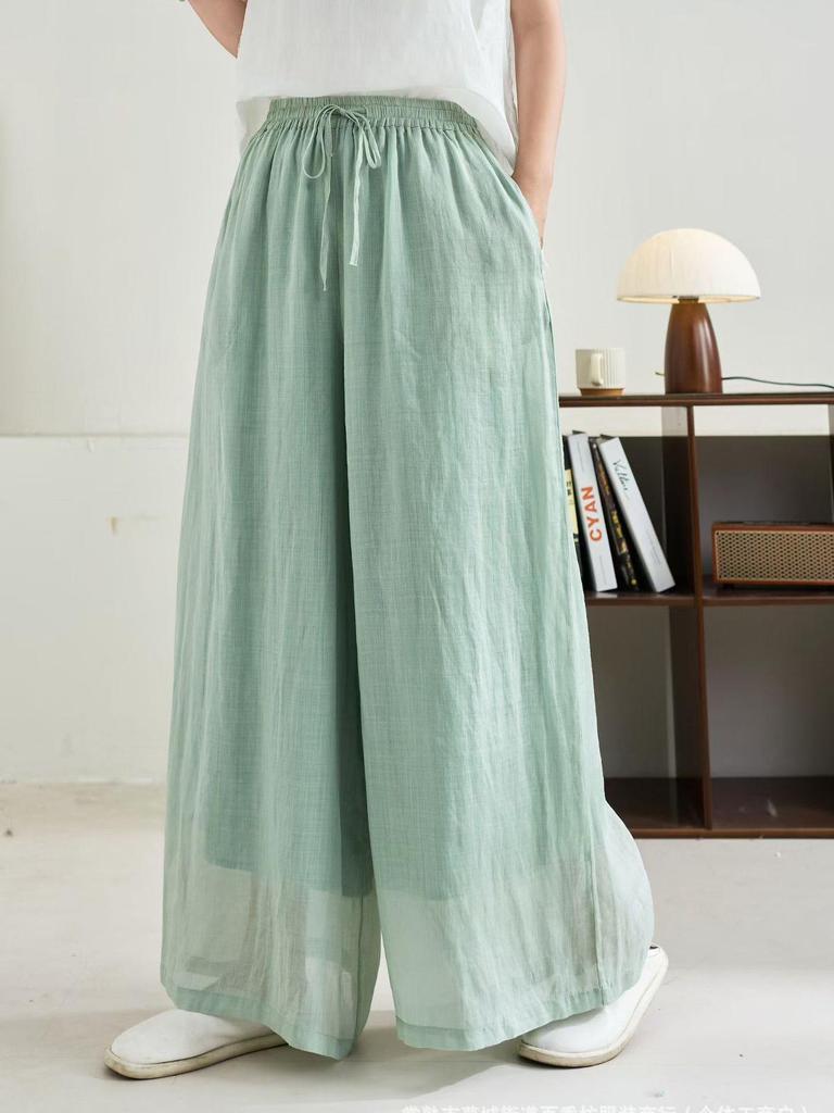 Linen Wide-Leg Pants - Spring 2026: Comfortable, Elastic Waist, Retro Artistic Style, Solid Color, Casual.