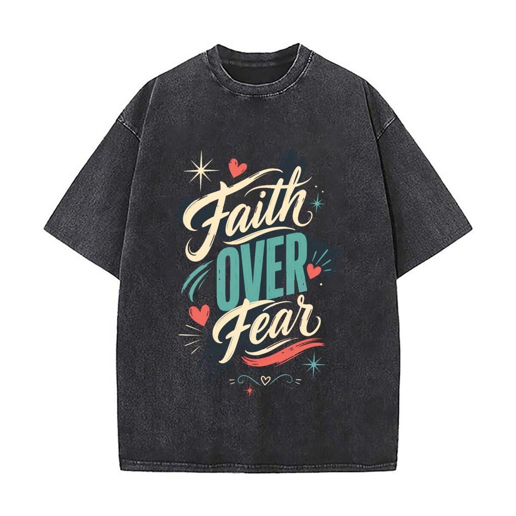Faith Over Fear Cross Typography Daily Commute Vintage Distressed T Shirt Loose Washed Sleeve