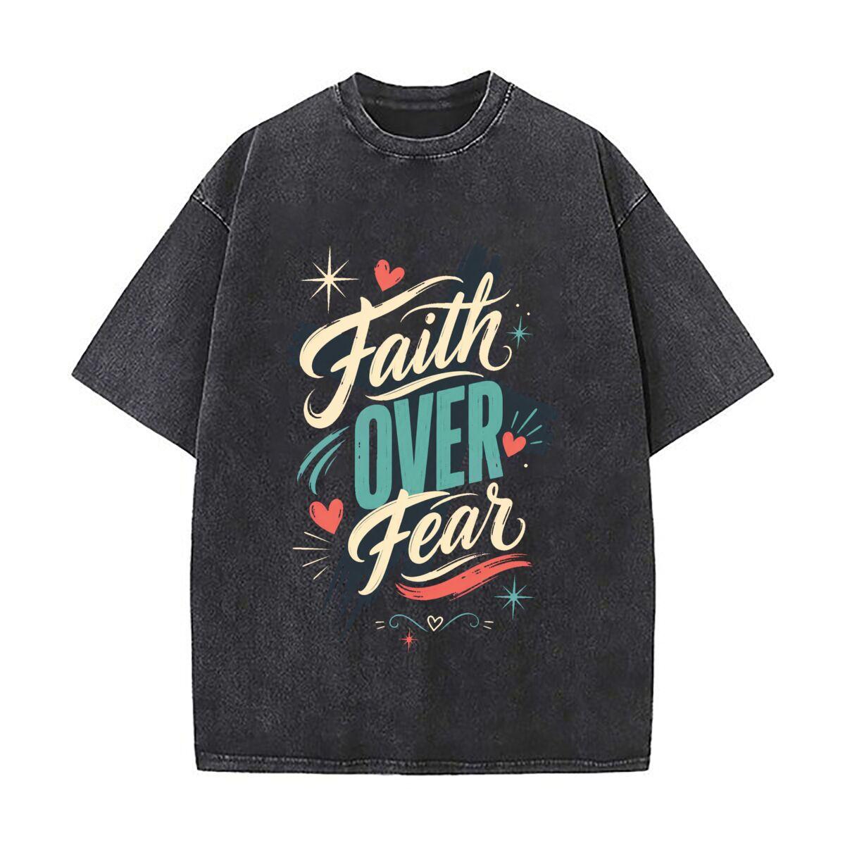 Faith Over Fear Cross Typography Daily Commute Vintage Distressed T Shirt Loose Washed Sleeve M